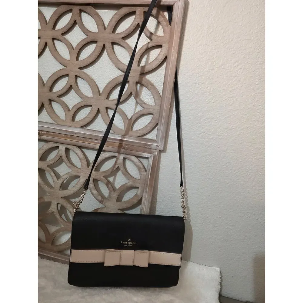 Kate Spade Kirk Park Leather Veronique Crossbody Black/ Taupe Bow (P6)
